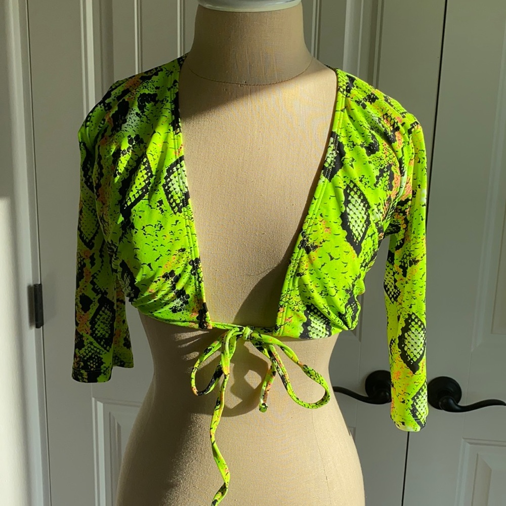 ASOS long sleeve tie bikini in neon snake print